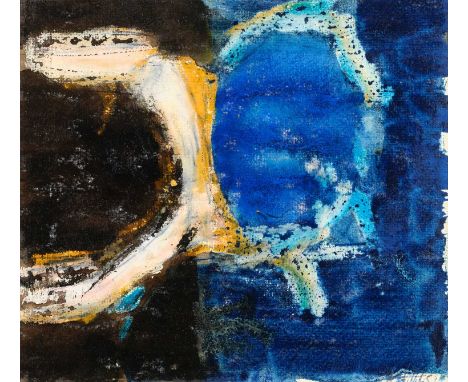 Adrian Heath (1920-1992)Abstract in blue and yellowIntialled and dated (19)65, mixed media, 20cm by 21cmSignificant cockling 