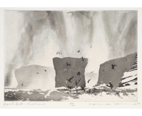Norman Ackroyd CBE, RA (1938-2024) "Anvil Rock Shetland"Signed and dated (20)19, inscribed and numbered 29/90, etching, 26cm 