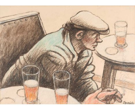 Norman Stansfield Cornish (1919-2014)A man seated at a table with pints of beerSigned, pastel, 28.5cm by 39.5cmPainted on buf