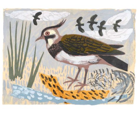 Mark Hearld (b.1974) "Lapwing"Initialled and dated (20)09, mixed media collage, 28cm by 38cmSome light surface dirt trapped u