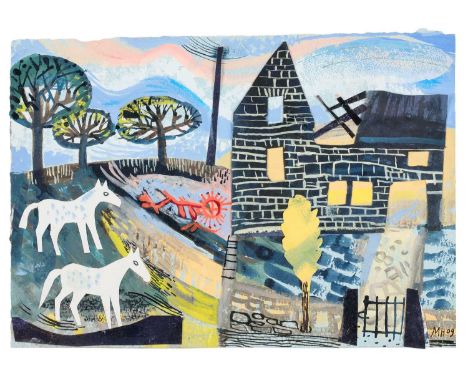 Mark Hearld (b.1974) Two Horses before a barnInitialled and dated (20)09, mixed media collage, 15.5cm by 21cmSome light surfa
