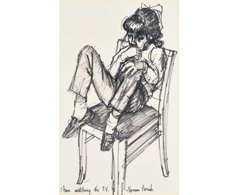 Norman Stansfield Cornish MBE (1919-2014)"Ann watching the TV"Signed and inscribed, flomaster pen, 39cm by 24.5cmSlight time 