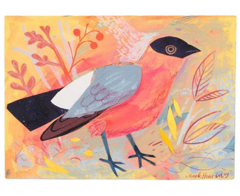 Mark Hearld (b.1974)"Bullfinch"Signed and dated (20)09, mixed media collage, 15cm by 21cmSome light surface dirt trapped unde