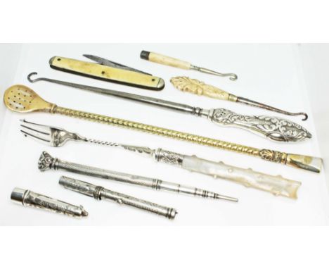 A mixed lot of silver and silver plate comprising a19th century swizzle stick/bubble stirrer, an ivory handle penknife, two w
