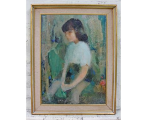Early 20th century school, portrait of a young girl, oil on canvas, 44cm x 60cm, signed 'Ruth R Green', framed.  