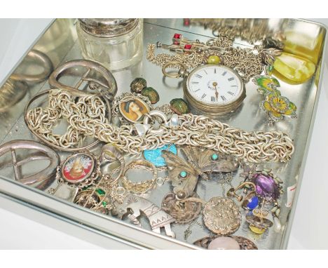 A mixed lot of hallmarked silver and other jewellery and items including scarab beetles, a pocket watch, enamel etc.  