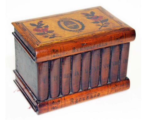 A 19th century mixed wood Sorrento type puzzle box, the top decorated with Buenos Aires provincial coat of arms and inscribed