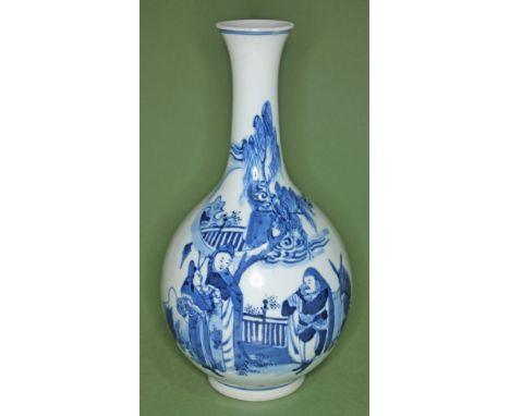 A Chinese porcelain bottle vase, terrace scene decoration with two figures and a warrior with horse, bearing Kangxi six chara