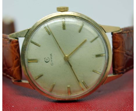 A gents 1960s 9ct gold CYMA watch, ref. 191761, calibre 486, case diam. 34mm, with box.  Condition - wear and dirt throughout