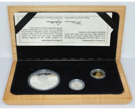 Royal Canadian Mint 1989 Maple Leaf silver and gold proof three coin set, boxed with certificate.  