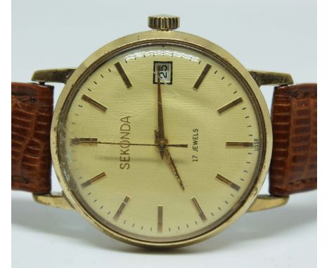 A gent's Sekonda stainless steel gold tone mechanical wristwatch ref. 2614.2H, 17 jewel movement under stainless steel snap b