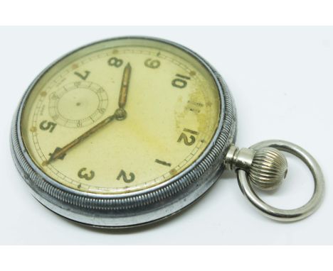 A military general service time piece silver plated pocket watch with 15 jewel movement, marked GS/TP, broad arrow and ref. 0