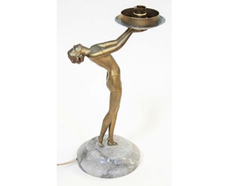 An Art Deco gilt spelter lamp formed as a semi nude girl on onyx base, height 37cm.Condition: no signs of any damage or repai