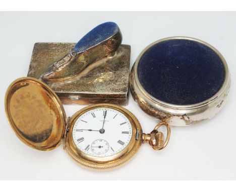 A mixed lot comprising a contemporary hallmarked silver needle case with pin cushion top formed as a shoe, another hallmarked