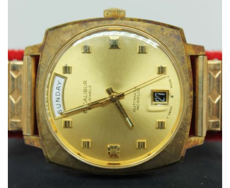 A gent's 1970s Excalibur automatic incabloc stainless steel gold tone wristwatch, ref. 36035, the signed gold coloured dial h