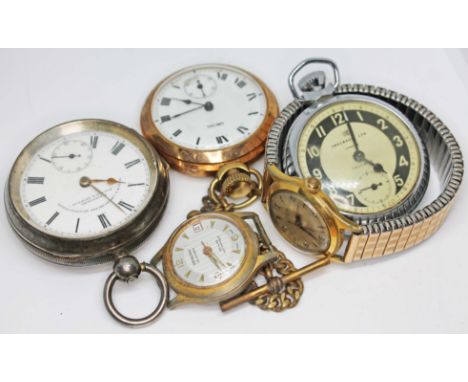 A group of watches comprising a hallmarked silver pocket watch, a Smiths gold platted pocket watch, two vintage gold plated w