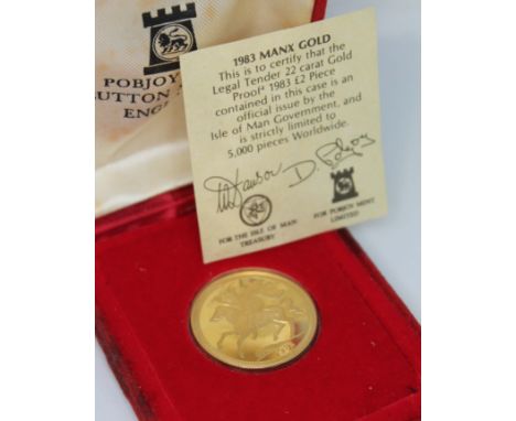 Elizabeth II Isle of Man 1983 two pound gold proof coin, Pobjoy Mint, boxed with certificate.  