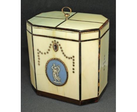 A George III ivory and tortoiseshell strung tea caddy of octagonal form with gold loop handle to top, gold pique inlaid and m