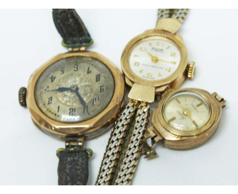 Three hallmarked 9ct gold ladies mechanical manual wind wristwatches to include an Avia on gold plates strap, Accurist with n