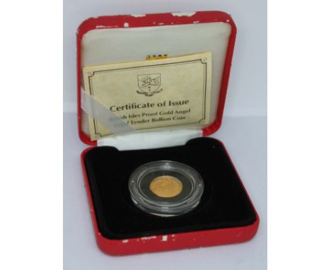 Elizabeth II Isle of Man 1987 1/10th ounce gold proof angel coin, Pobjoy Mint, boxed with certificate.  