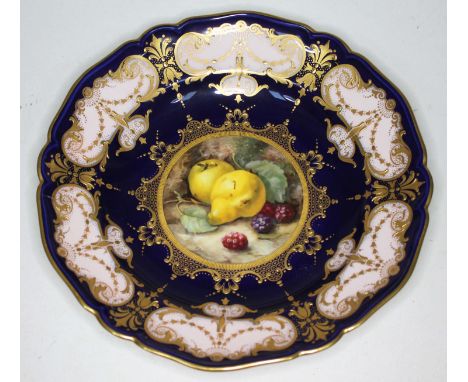 A Royal Worcester pedestal dish hand painted with fruit signed R Sebright, diam. 25cm.  Condition - basic repair to cracked a