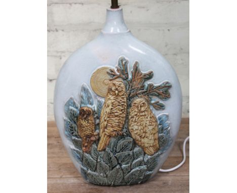 A Bernard Brooke pottery lamp base decorated with owls, height (excluding fitting) 43cm.  