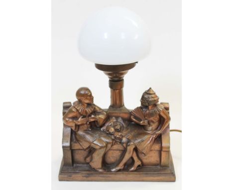 An Art Deco spelter lamp formed as jesters seated on bench with lamppost behind having glass shade, numbered 'NO.71' to back,