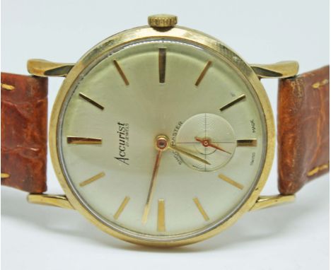 A gents 1960s 9ct gold Accurist Shockmaster watch, 21 jewel movement, calibre 320, dial with gold hands/markers and seconds s