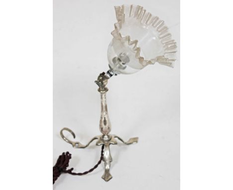 An Arts &amp; Crafts silver plated adjustable lamp in the manner of Benson with crimped and ribbed glass shade, height 34cm. 