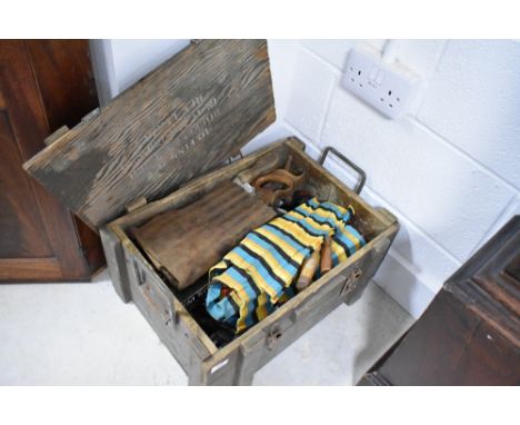 A vintage wooden ammunition box and tools etc