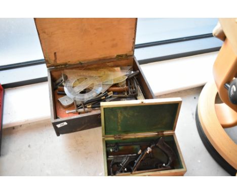 A vintage tool box, containing draughtsman type tools etc and a Faithfull 778 plane