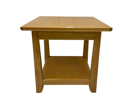 Light oak lamp or side table table, square top with under-tierDimensions: Height:&nbsp;58cm&nbsp; Length/Width:&nbsp;57cm&nbs