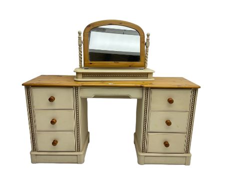 Pine and painted finish twin pedestal dressing table, fitted with central frieze drawer and six short drawers with spiral tur