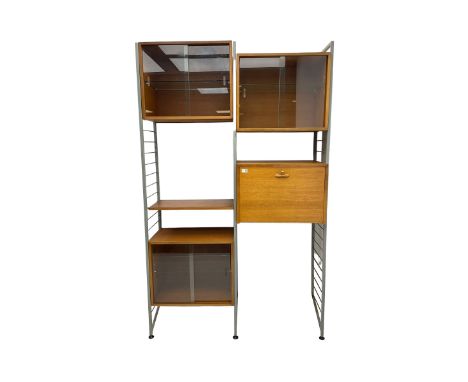 Ladderax - modular bookcase, silver finish ladders, three sections with sliding glazed doors, shelf and fall front section Di