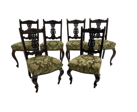 Set six (4+2) late 19th century mahogany dining chairs, pierced and carved splat back with cartouche and foliate design, scro