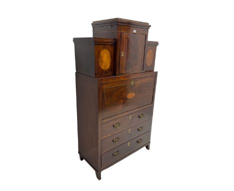 19th century inlaid mahogany architectural secretaire a abattant, the breakfront top section on three levels, central door fl