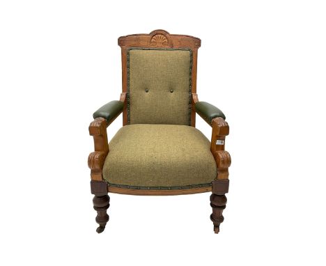 Late 19th century walnut framed armchair, cresting rail carved with cartouche and Greek key design, seat and back upholstered
