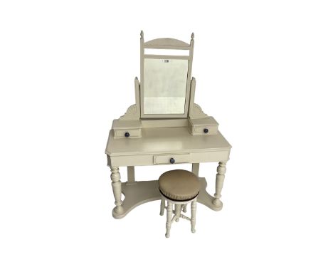 Edwardian cream painted dressing table, fitted with rectangular swing mirror over two trinket drawers with ceramic handles, r