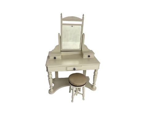 Edwardian cream painted dressing table, fitted with rectangular swing mirror over two trinket drawers with ceramic handles, r