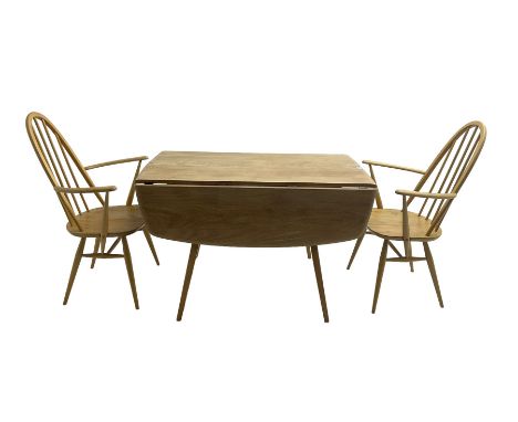 Ercol - elm and beech '383 drop-leaf dining table', rectangular top with rounded corners, raised on splayed tapering supports