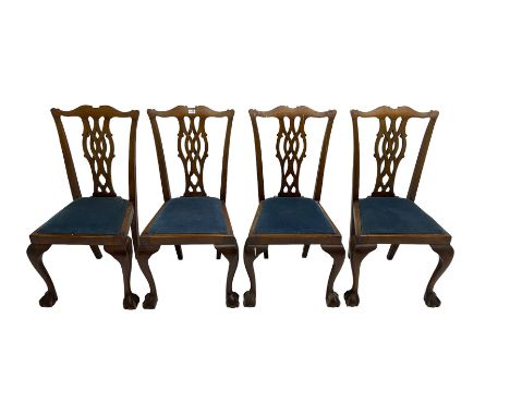 Set four George III Chippendale-style mahogany dining chairs, shaped serpentine cresting rail with pierced and splat back, dr