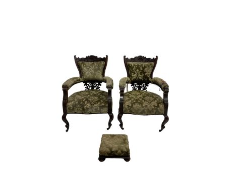 Pair late 19th century mahogany salon armchairs, scrolled cresting rail with cartouche design, carved and pierced back suppor