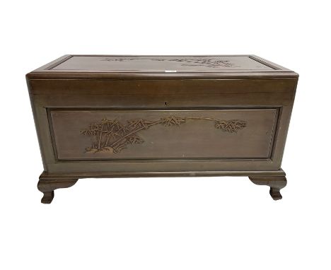 Chinese hardwood blanket chest, bamboo carved detail, hinge lid with panelled sides, raised on bracket feetDimensions: Height