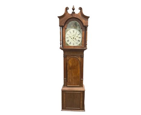 English - mid-19th century 8-day mahogany longcase clock, with a swans neck pediment and wooden urn finial, break arch hood d