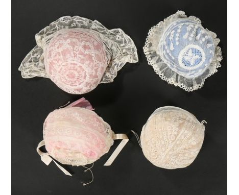 Baby and infant caps, mainly 1850-1900, approx 27 including 8 Ayreshire-work; others of Irish crochet, Honiton applique, need