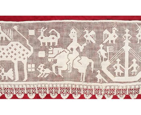 Pulled and drawn threadwork panels, Italian, late 16th or 17th century, comprising: horizontal panel worked with falconers, l