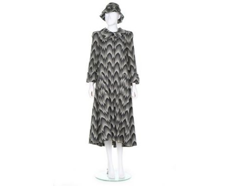 A Biba tapestry weave jersey grey coat and hat, circa 1973-75, printed satin art-nouveau label, the swing-style coat with con