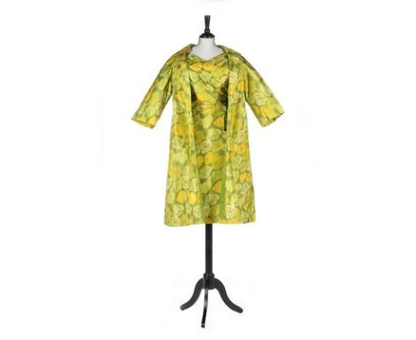 A Norman Hartnell couture chiné taffeta ensemble, circa 1956, labelled, in shades of yellow and green, the dress with cross-o