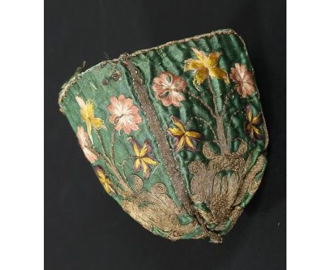An embroidered green satin purse, second half 17th century, worked with floss silk tulips, pansies and other blooms in couche