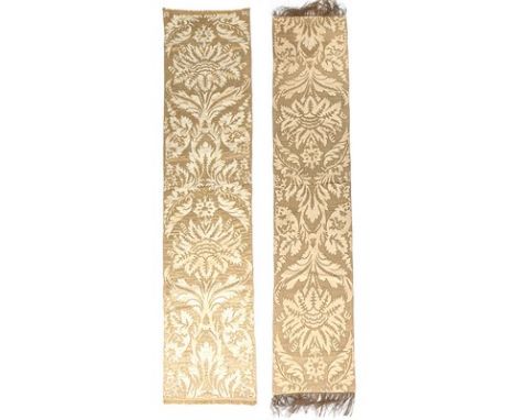 A pair of cloth of gold panels appliquéd satin, Italian, 19th century, in 18th century style, with large scrolling foliate re